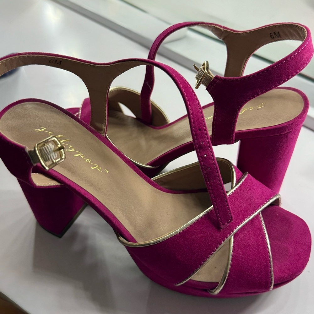 Jellypop Pink Velvet Heels with Ankle Strap